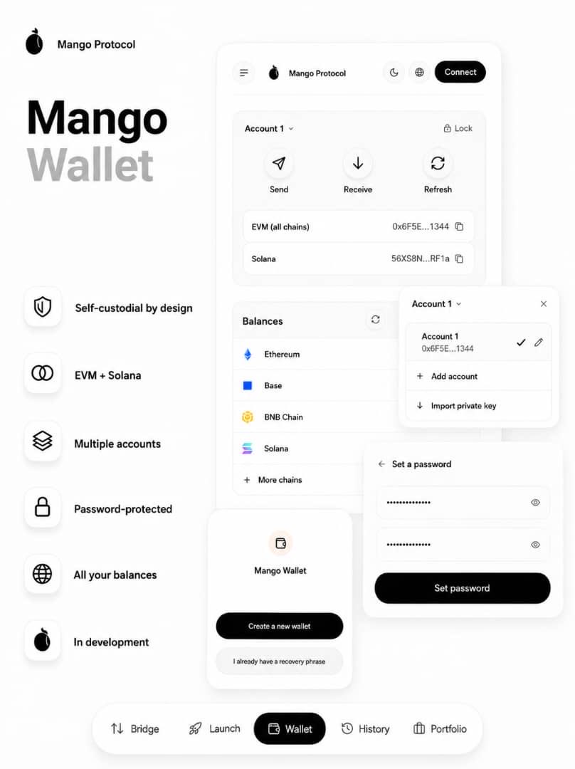 Mango_protocol's tweet photo. Mango Wallet — in development.
A self-custodial wallet built directly into Mango Protocol

Create a new wallet or import an existing wallet using a recovery phrase

Password-based local encryption

Send, receive, and view balances across supported networks from one place https://t.co/CHcaKPVfOI