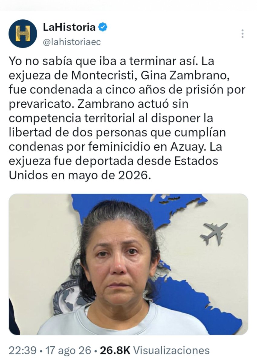 FunerariaAlach's tweet photo. Lo que le pasó a la exjueza Gina Zambrano que fue condenada a 5 años por prevaricato, es lo mismo que en su momento le sucederá al juez Jairo Alejandro García Mosquera y a los demás jueces que están actuando contra la ley por seguir órdenes de los operadores del gobierno, Ricardo Moscoso y Leónidas Plaza Díaz, quienes son mandados a presionar a los jueces por disposición de Daniel Noboa y José Julio Neira para que fallen en contra del alcalde Aquiles Álvarez y de Fiorella Icaza para intentar tumbarle su candidatura porque saben que Fiorella arrasará en Guayaquil.

PERO AL FINAL A TODOS ESOS JUECES LES LLEGARÁ SU HORA!