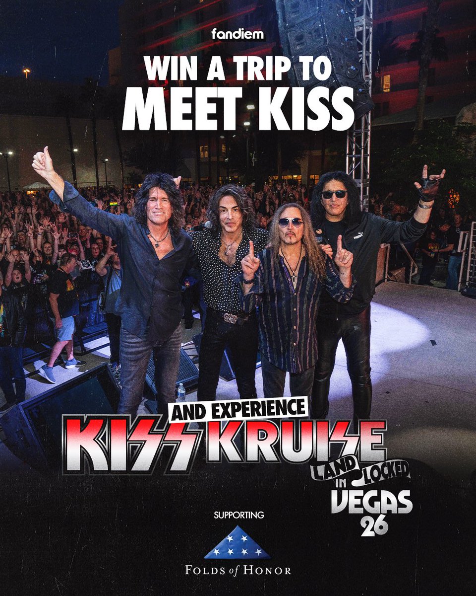 kiss's tweet photo. Win a trip to meet KISS at KISS Kruise: Land-Locked in Vegas! ⚡️🤘
 
Donate to win two Exclusive Experience packages, including up front seats the ONLY place in the world to see KISS live, the chance to meet the band, soundcheck access, plus flights, a stay at @virginhotelslv and more. 
 
Help support @foldsofhonor and provide scholarships to the families of fallen or disabled soldiers for your chance to win.
 
Enter to win at: https://t.co/O60I5CgQ6j 🔥