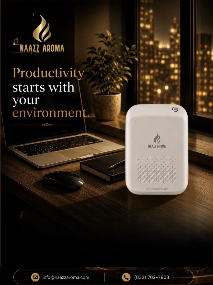 NaazzAroma's tweet photo. Boost focus with the perfect workspace atmosphere.Create a calm, productive environment with 
Naazz Aroma

#NaazzAroma #OfficeFragrance #ProductiveWorkspace #WorkspaceGoals https://t.co/YU03xqBoGg