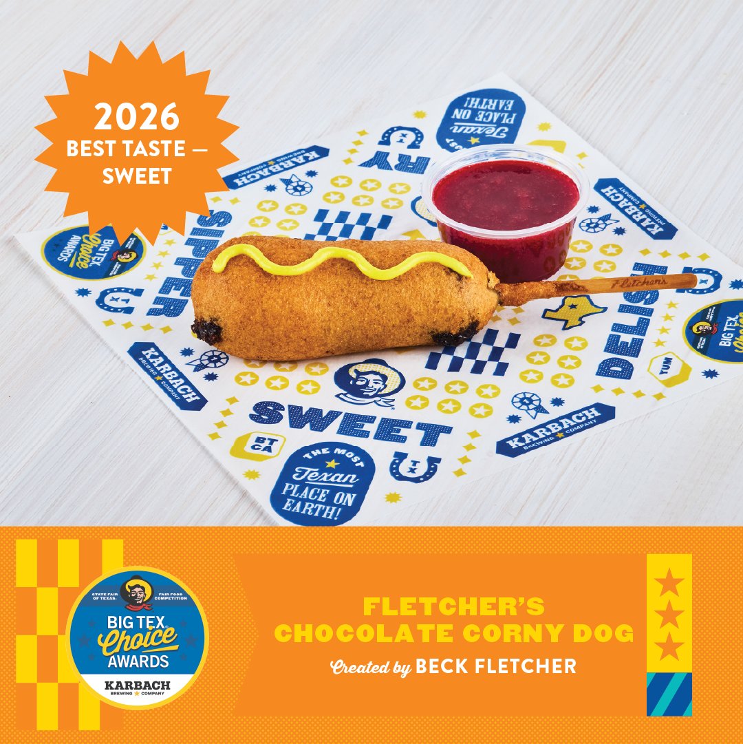 StateFairOfTX's tweet photo. HERE ARE YOUR 2026 BIG TEX CHOICE AWARDS WINNERS, presented by our friends at @karbachbrewing! 🏆🤤 

Best Taste - Savory: Burger Chop Tater Tacos

Best Taste - Sweet: Fletcher's Chocolate Corny Dog  

Best Taste - Sipper: Tropical Coco Fresca

Most Creative: Berry Me in Matcha

Congratulations to all our finalists! We can't wait for all y'all to try these delicious treats at this year's State Fair of Texas!