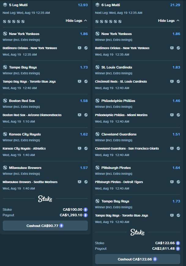 Gxldenxd's tweet photo. Put up 2 parlays for tonight's baseball games 

If just 1 HITS will giveaway $50 x2 winners (Doubled if you are on my code on Stake) 
 https://t.co/aABzxs1KBe 

All you have to do to join is  

✅ Follow @Gxldenxd
☑️ Retweet
✅ Tag 1 Friend

Good luck to us tonight💸 https://t.co/q76HGdNWTZ