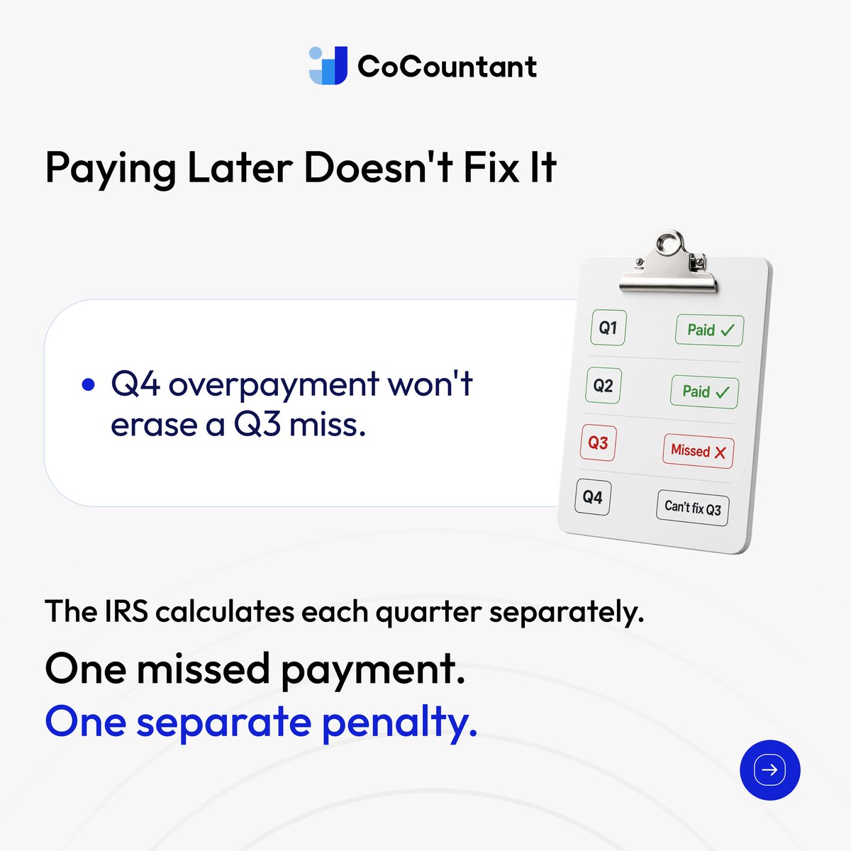 CoCountant's tweet photo. Missing your Q3 estimated tax payment does not become an April problem. It can start costing you sooner.

For S Corporation owners, staying ahead means more than meeting filing deadlines. It means keeping your books current, understanding what you owe, and making tax decisions based on numbers you can trust.