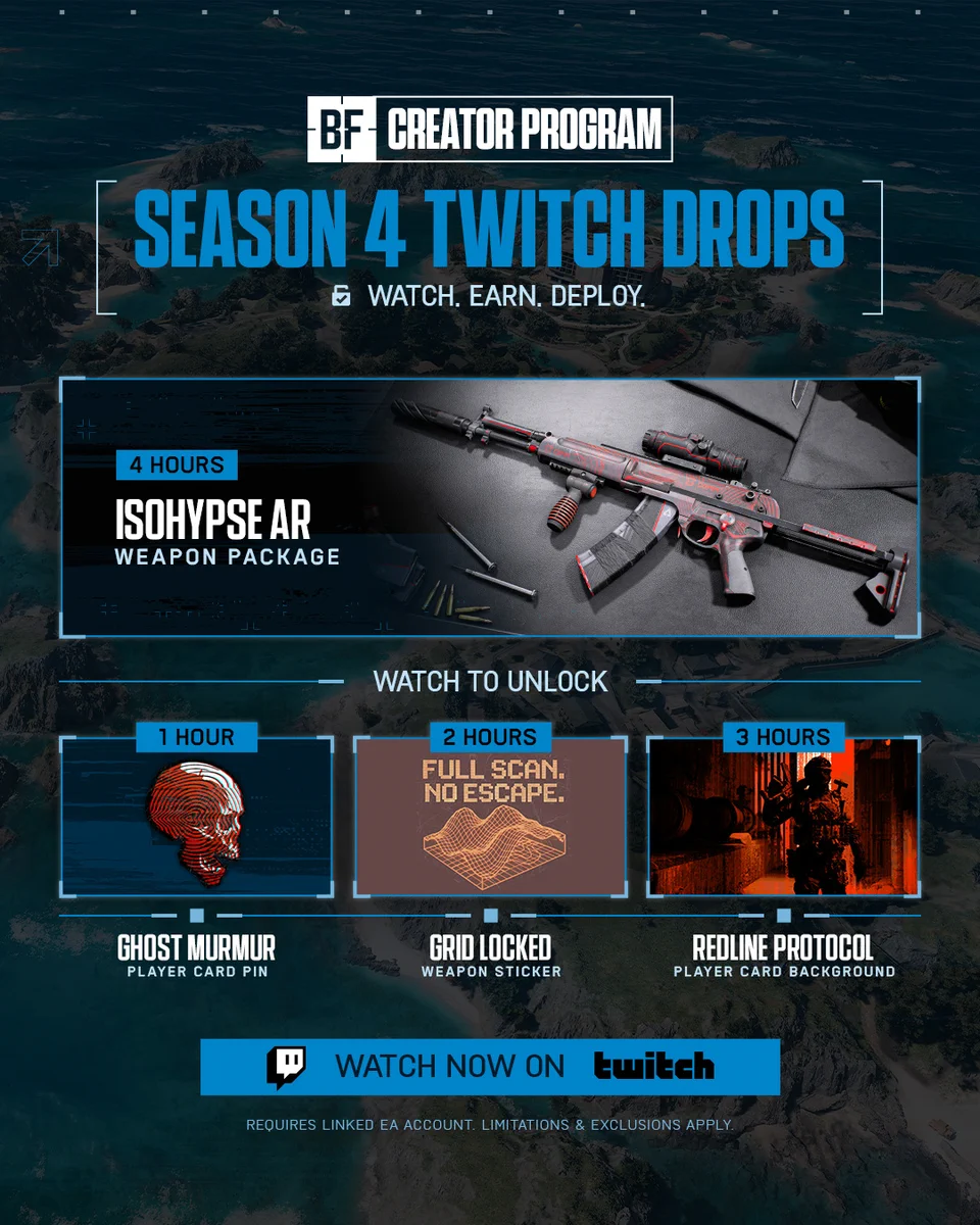 Battlefield Creator Program Season 4 Twitch Drops graphic featuring four reward boxes, each representing an available Twitch Drop reward that viewers can unlock during the event.