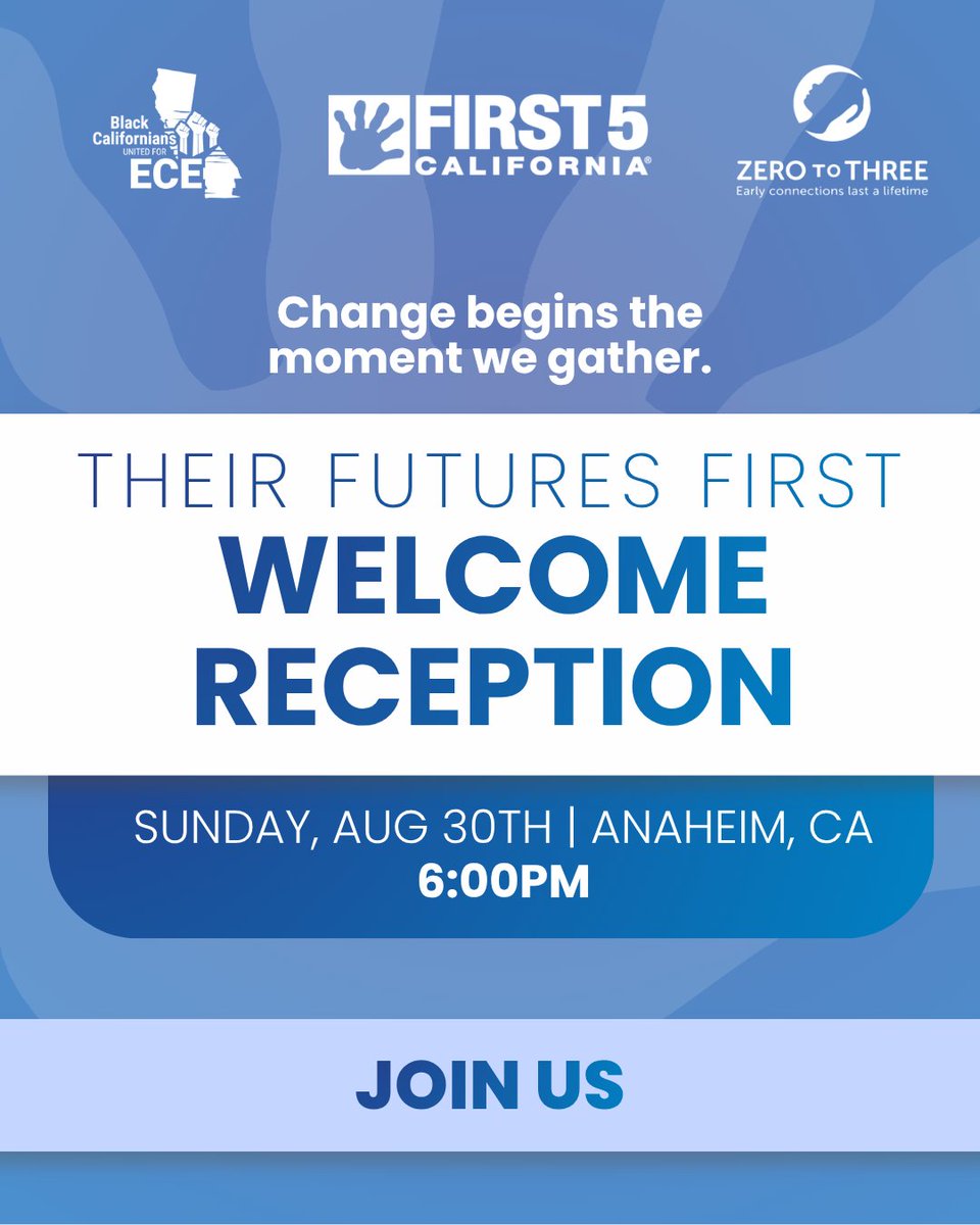 First5CA's tweet photo. Change begins the moment we come together. 

Kick off your 2026 First 5 California Summit experience the right way by joining us at our Welcome Reception on August 30th at 6pm in Anaheim. All registered attendees of the Summit are invited to attend at no extra charge. 

Don’t miss this opportunity to check-in early, and connect with fellow early childhood leaders.

Register for the premier early childhood summit now: https://t.co/tAypA0pchW