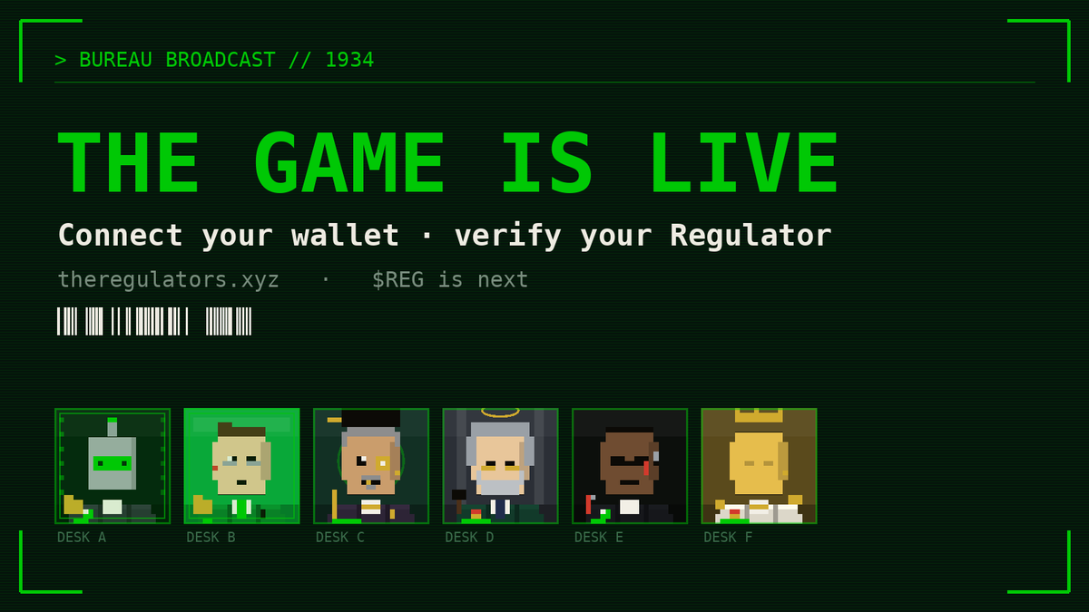 TheRegulatorsRH's tweet photo. The game is live.

Connect your wallet at https://t.co/3IUU4Gah1p and verify your Regulator — your badge, your desk, your rank. https://t.co/MoD38yUKkt