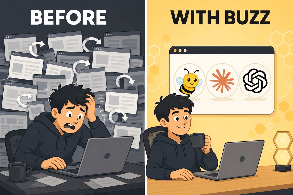 Buzz mobile screenshots showing an agent roster, shared chat thread, and PR-style task completion cards in a multi-model workspace