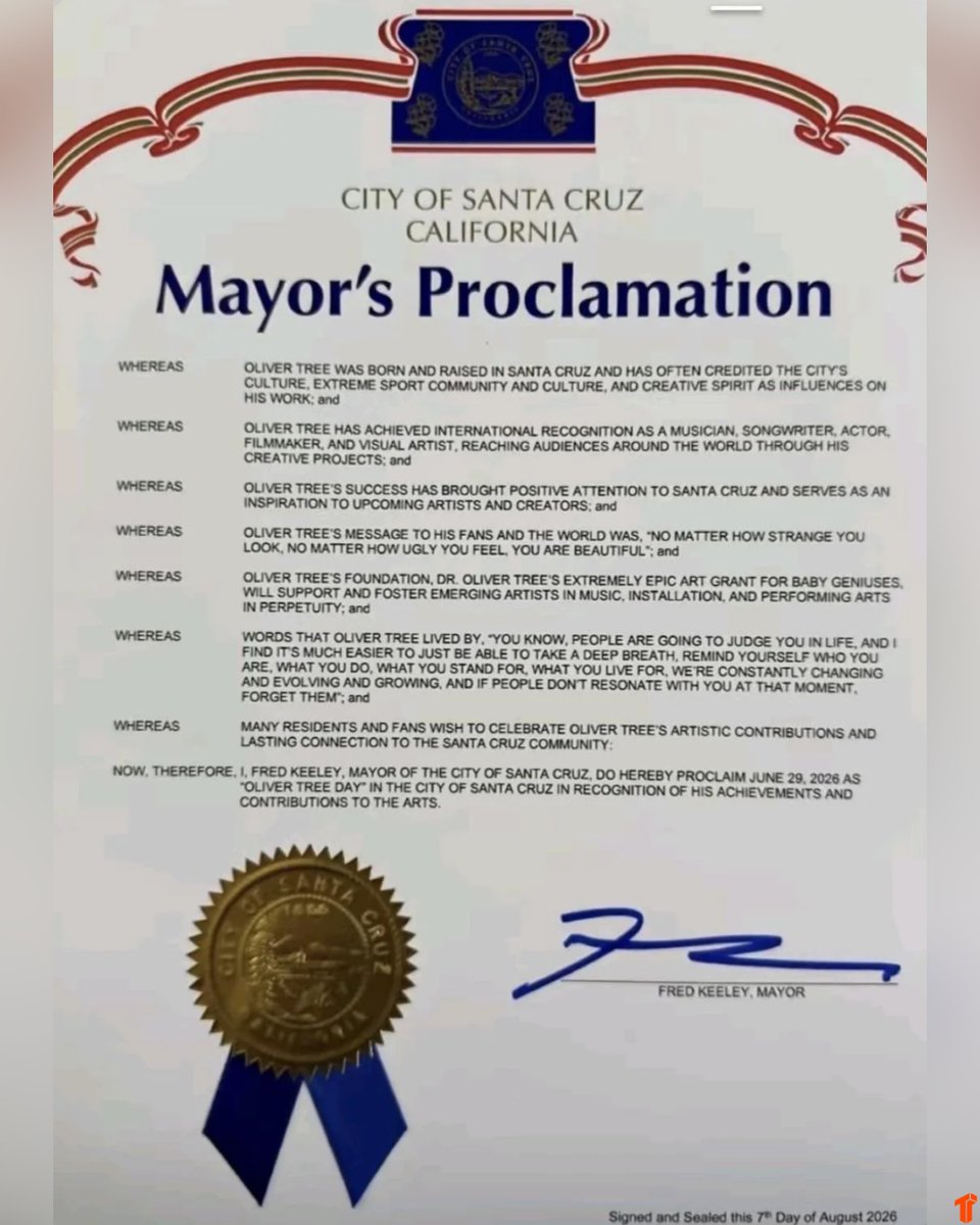 TheThizzler's tweet photo. Santa Cruz officially honors Oliver Tree with his own day ❤️🕊️ https://t.co/yBd5Rj2KmM