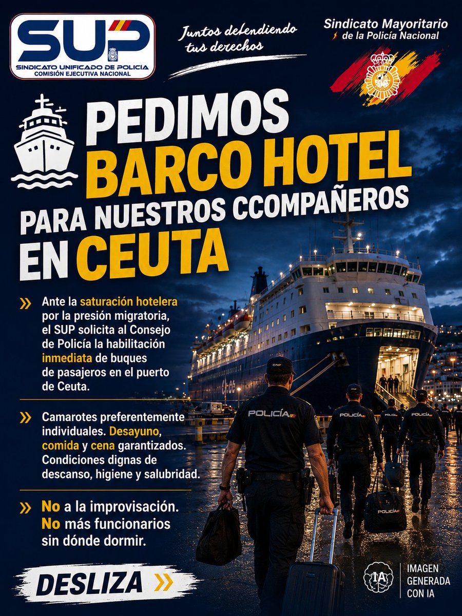 Sup_Policia's tweet photo. 🚨 Ceuta continúa soportando una presión migratoria extraordinaria y nuestros compañeros desplazados a la ciudad lo sufren en primera persona: hoteles sin capacidad, dietas desfasadas y la UIP custodiando ayuda humanitaria a pleno sol, sin una sola sombra.

Por eso, desde el SUP hemos trasladado formalmente al Consejo de Policía tres peticiones concretas:

🚢 Habilitación inmediata de buques de pasajeros en el puerto de Ceuta, con camarotes preferentemente individuales y un servicio de manutención digno: desayuno, comida y cena garantizados, junto a condiciones adecuadas de descanso, higiene y salubridad.

💶 Actualización urgente de las dietas por alojamiento y manutención, ajustadas al coste real, para que ningún policía tenga que sufragar de su propio patrimonio gastos que corresponden exclusivamente a la Administración.

☀️ Levantamiento inmediato del servicio de custodia que se presta a pleno sol en la playa del Trampolín o, si resulta imprescindible mantenerlo, instalación de toldos y elementos de protección colectiva suficientes, en cumplimiento del Real Decreto 2/2006 de prevención de riesgos laborales.

No puede ser que los compañeros paguen de su bolsillo lo que le corresponde a la Administración.

Si estás viviendo esta situación y quieres trasladarnos tu caso para que podamos actuar, escríbenos a sup@sup.es

El SUP sigue defendiendo tus derechos. 💪

Súmate desde el primer comentario⤵️