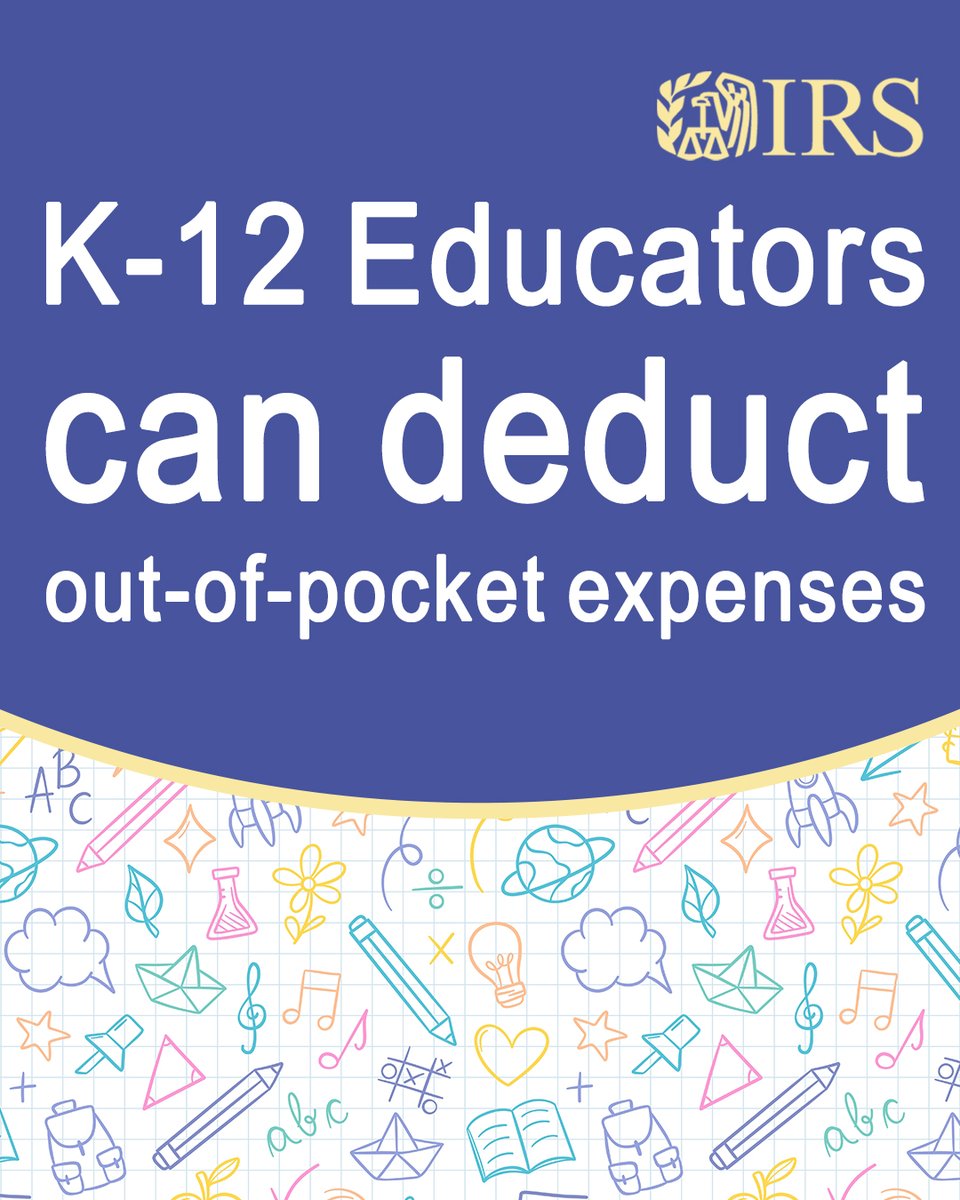 IRSnews's tweet photo. 🍎It's #BacktoSchool season. Eligible K-12 educators may deduct certain out-of-pocket classroom expenses from their taxes using the Educator Expense Deduction. Learn more from this #IRS tax tip: https://t.co/PgBWu896Xc https://t.co/nznBAt9yXr
