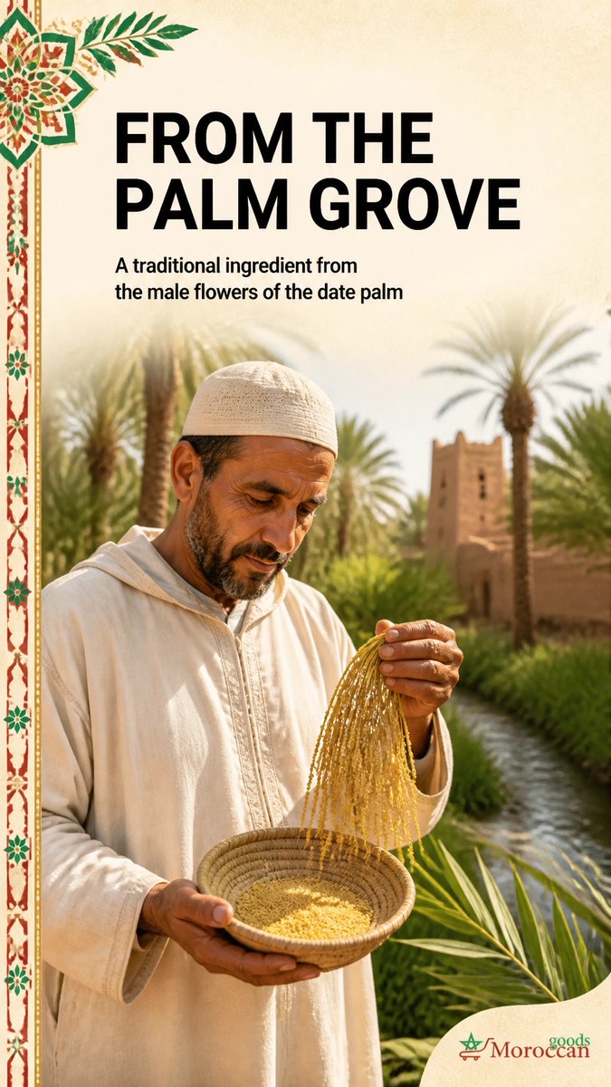 GoodsMoroccan's tweet photo. From Morocco’s palm groves, palm date pollen reflects oasis tradition: naturally nourishing and traditionally enjoyed with honey or yoghurt. A heritage ingredient, treasured across generations. #MoroccanHeritage https://t.co/pEbLO5EHCg