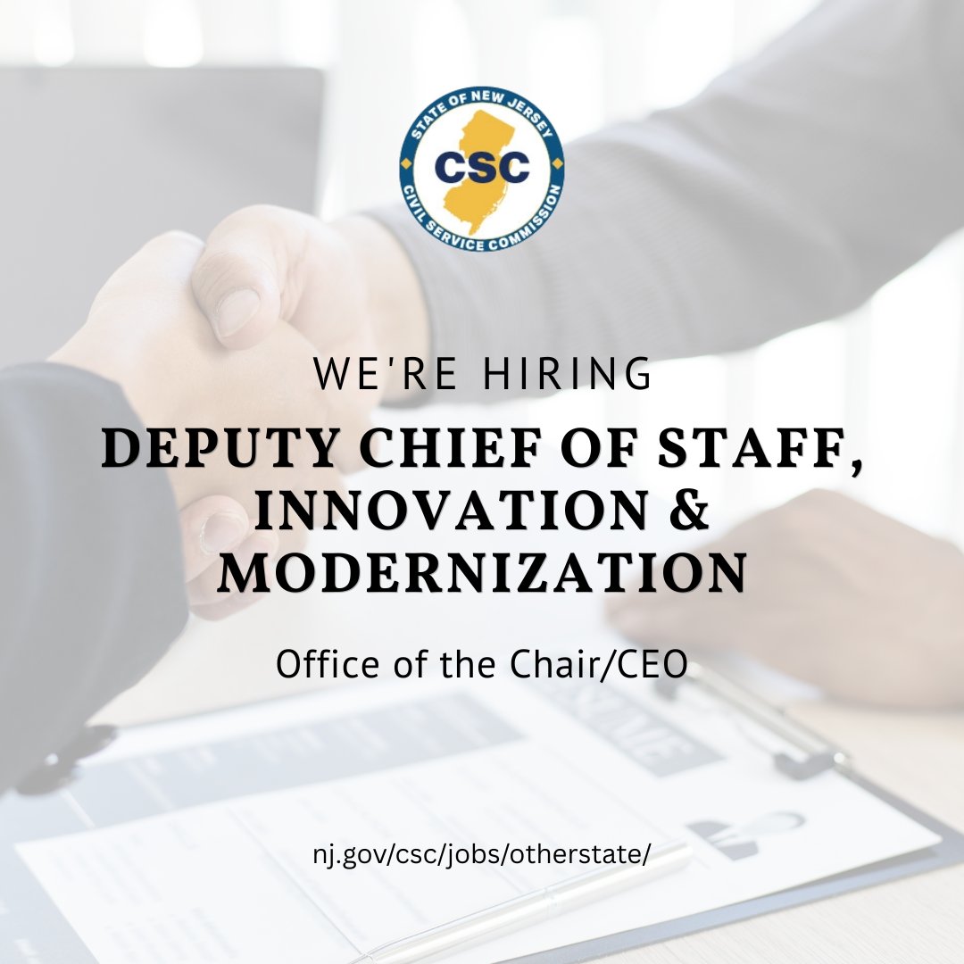 NJCivilService's tweet photo. We're hiring! 📢 The Civil Service Commission is looking for a Deputy Chief of Staff, Innovation &amp; Modernization, to join our dynamic team.

🔗Job Announcement: https://t.co/n0UP6Cjv0B

#NJCSC #NJCivilService https://t.co/ai0smCqQzd