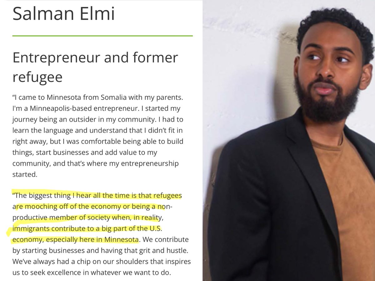 amyforsandiego's tweet photo. You can’t make this up. In a now-deleted webpage from the Minnesota Department of Human Services, Salman Elmi described receiving the state’s 2021 “Outstanding Refugee” award for entrepreneurship:

“The biggest thing I hear all the time is that refugees are mooching off of the economy or being a non-productive member of society when, in reality, immigrants contribute to a big part of the U.S. economy, especially here in Minnesota. We contribute by starting businesses and having that grit and hustle. We’ve always had a chip on our shoulders that inspires us to seek excellence in whatever we want to do.”