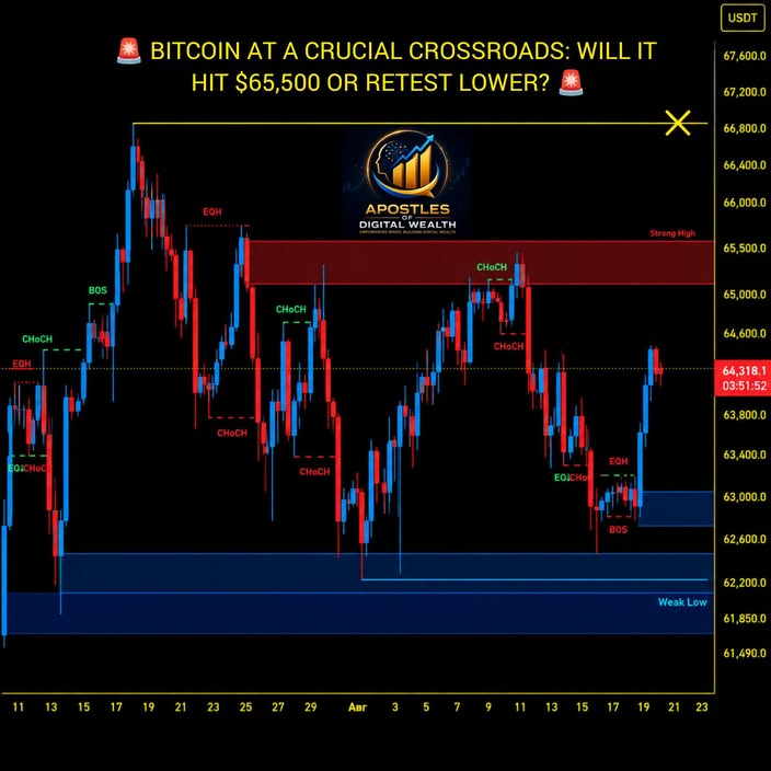 WilliamHaryc's tweet photo. 📷 BITCOIN AT A CRUCIAL CROSSROADS: WILL IT HIT $65,500 OR RETEST LOWER? 📷
Bitcoin is bouncing back nicely after dipping into the $62,000–$63,000 demand zone. Now sitting around $64,300, the market dynamics are changing, but there's a significant resistance level right in front of us.
Here’s what the 4-Hour chart is revealing at the moment:
Current Pivot: BTC has reclaimed its structure near $63,400, showing a bullish Change of Character (CHoCH) after sweeping through some low liquidity.
Immediate Resistance: The $64,800 – $65,500 red supply zone is the main obstacle for the bulls to overcome.
Bullish Target: If we see a solid breakout and a hold above $65,500, it could pave the way for a move towards the major liquidity target at $66,800 and beyond.
Bearish Risk: A rejection at the current supply level might lead to a retest down to the $63,000 – $62,200 support zone.
The next move will definitely set the stage for the days ahead!
📷 WHAT’S YOUR GAME PLAN? Are you jumping in for the breakout or holding out for a dip? Share your thoughts in the comments below, pass this update along to your trading buddies, and TAG a friend who needs to check out this chart RIGHT NOW! 📷📷📷