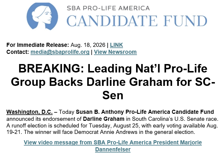 IAmNickReynolds's tweet photo. The anti-abortion Susan B Anthony Fund makes it official, formally endorsing Darline Graham. 

Marjorie Dannensfelder, who previously expressed support for Darline as an individual, spoke at Lindsey Graham's D.C. funeral. https://t.co/Ul80ozOmuJ