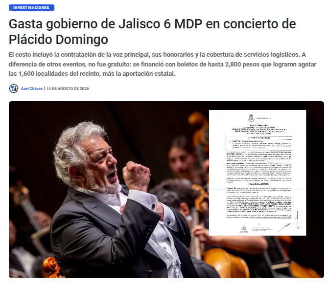 emeequis's tweet photo. Ni fue gratuito ni se pagó solo.

El gobierno de Jalisco destinó 6 millones de pesos al concierto de Plácido Domingo, pese a que las 1,600 localidades se vendieron con boletos de hasta 2,800 pesos. Es decir, además de lo que pagó el público, hubo una aportación millonaria de recursos públicos para financiar el espectáculo.

https://t.co/DvsJx4kdIF