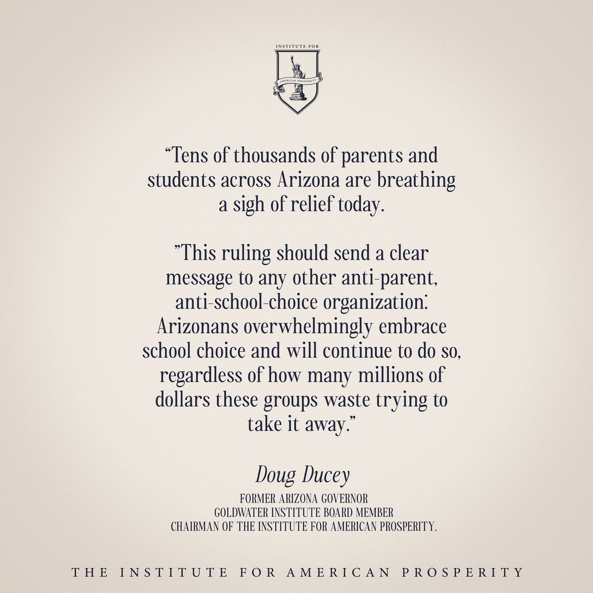 DougDucey's tweet photo. Arizona’s ESA program serves more than 100,000 students, and that number will continue to grow.

No child should be trapped in a failing public school. In Arizona, We TRUST parents—not government unions—to make the best decisions for their children.

Thank you to the @GoldwaterInst for leading the charge alongside @ClarkRimsza @AZlovesESAs and @azfec to protect parents’ rights to choose the best education for their children.