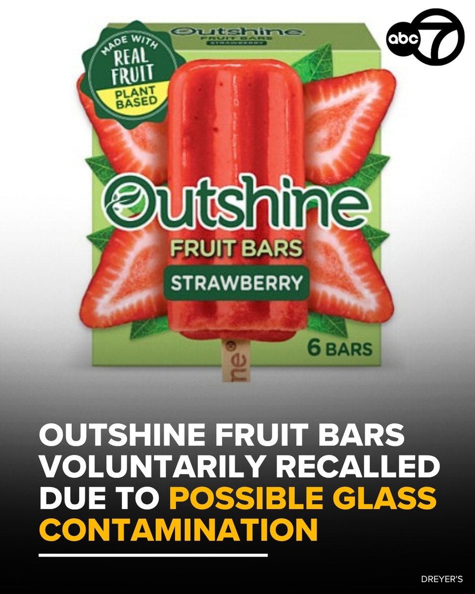 ABC7's tweet photo. Dreyer's Grand Ice Cream, Inc. announced a voluntary recall this week of certain Outshine Fruit Bars flavors "due to possible foreign material contamination with glass."

The recall affects a "limited number" of Outshine Fruit Bars flavors, including Strawberry, Watermelon, Grape, Tangerine and Black Cherry, according to a Dreyer's news release. https://t.co/xjABD6evS0