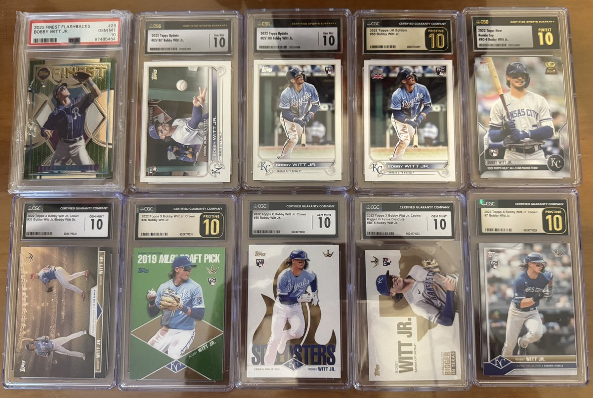 OffDaHook35's tweet photo. Who needs some Bobby Witt RCs???

2022 Finest Flashbacks PSA 10 - 75
2022 Topps Update RD - 65
2022 Topps Update - 70
2022 Topps UK - 65
2022 Topps Now Rookie Cup - 45
2022 Topps Crown Sr./Jr. - 45
2022 Topps Crown Draft Pick - 100
2022 Topps Crown Speedsters - 75
2022 Topps Crown Texas - 100
2022 Topps Crown Base - 60