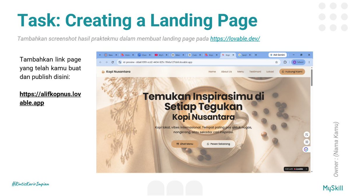 lif_zaim's tweet photo. Belajar di #MySkill lewat short class “Building Website with Lovable AI” bikin saya makin paham bahwa membuat website kini bisa lebih praktis dengan bantuan AI. Dari menyusun prompt hingga menghasilkan landing page—seru banget melihat ide jadi karya! 🚀

#learnatmyskill https://t.co/vmpussjhzV