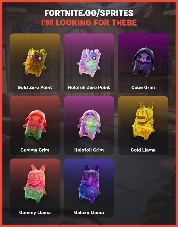 ShinShin858's tweet photo. Can anyone help me complete my collection or trade 
#fortnite #sprite #spritetrade https://t.co/HXl3LKLzdX