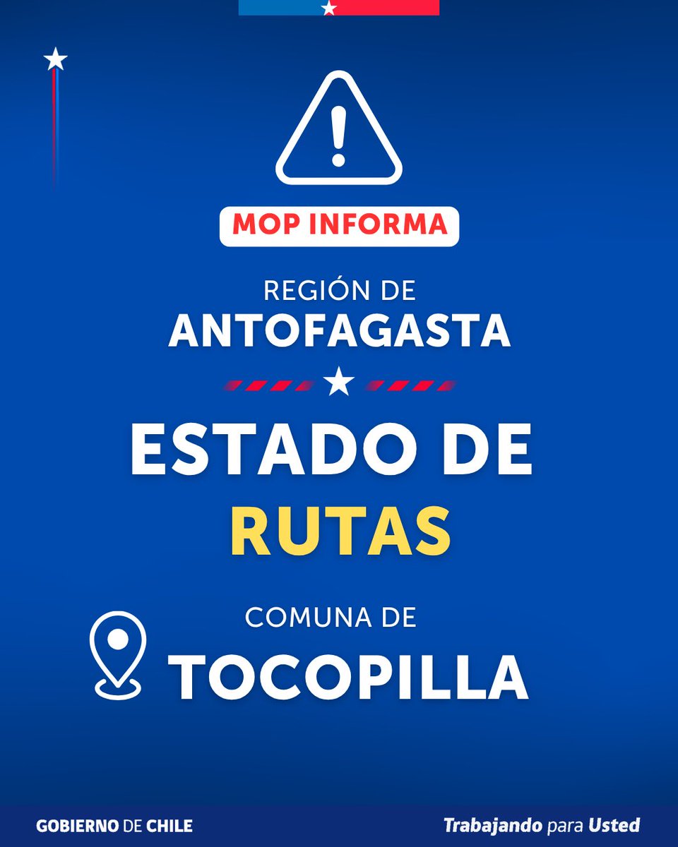 MOPAntofagasta's tweet photo. 🚧 ATENCIÓN | Acceso a Tocopilla

Debido a las condiciones registradas en la zona, la Ruta 1 se encuentra interrumpida tanto al norte como al sur de Tocopilla.

📍 Estado de rutas en el resto de la región:

✅ Ruta 5: habilitada.
⛔ Ruta 24, sector Cuesta Barriles: cerrada.
⛔ Ruta 1 hacia Taltal: interrumpida.

👷‍♂️ Equipos del MOP se mantienen desplegados en distintos puntos de la región, monitoreando las rutas y trabajando para recuperar la conectividad.

⚠️ Reiteramos el llamado a conducir con precaución, respetar los cierres y mantenerse informado por canales oficiales.

#MOPAntofagasta #Vialidad #Tocopilla #Taltal