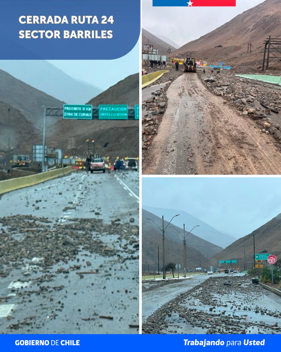 MOPAntofagasta's tweet photo. 🚧 ATENCIÓN | Acceso a Tocopilla

Debido a las condiciones registradas en la zona, la Ruta 1 se encuentra interrumpida tanto al norte como al sur de Tocopilla.

📍 Estado de rutas en el resto de la región:

✅ Ruta 5: habilitada.
⛔ Ruta 24, sector Cuesta Barriles: cerrada.
⛔ Ruta 1 hacia Taltal: interrumpida.

👷‍♂️ Equipos del MOP se mantienen desplegados en distintos puntos de la región, monitoreando las rutas y trabajando para recuperar la conectividad.

⚠️ Reiteramos el llamado a conducir con precaución, respetar los cierres y mantenerse informado por canales oficiales.

#MOPAntofagasta #Vialidad #Tocopilla #Taltal