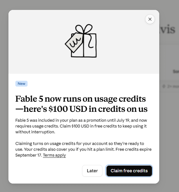 Claude billing popup showing Fable 5 now runs on usage credits and offers $100 in promotional credits