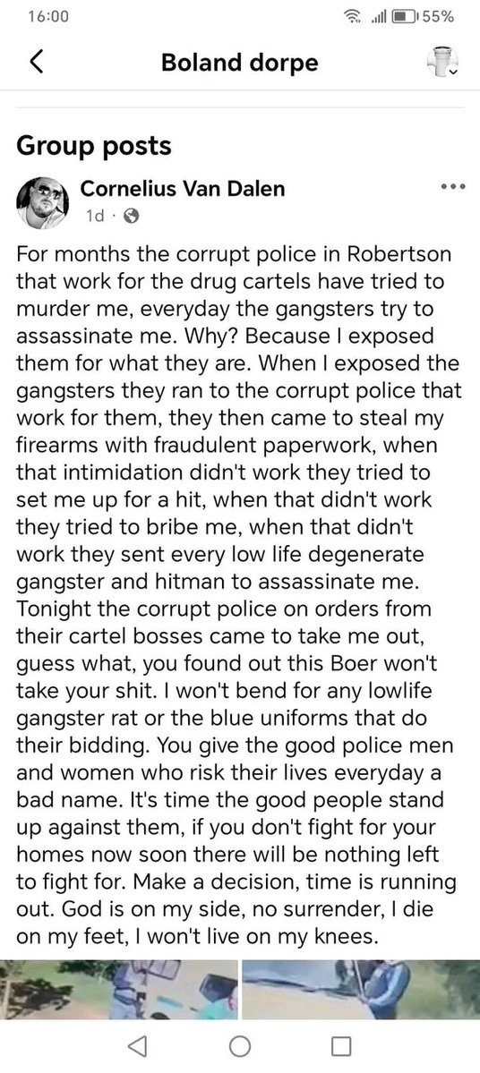 WesternPulse88's tweet photo. Corrupt gangster SAPS shot farmer dead in deadly stand off on his farm near Robertson.
Cornelius van Dalen (40) was shot dead during an intense standoff with gangster ridden police on a farm near Robertson on Monday, 17 August, after firing scores of rounds at Special Task Force members.
 
Stay in the know! Follow us for more updates and be part of the conversation at: https://t.co/GRMY7hmLxh
 
#NovaNews #Robertson #TopView #Police