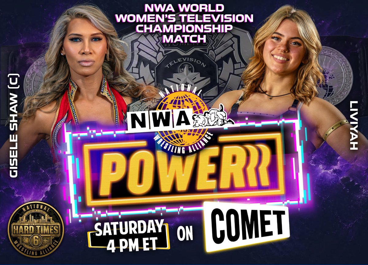 nwa's tweet photo. It’s an NWA Worlds Heavyweight Title Main Event this Saturday on 𝙉𝙒𝘼 𝙋𝙊𝙒𝙀𝙍𝙍𝙍, as the sixth-annual 𝙉𝙒𝘼 𝙃𝙖𝙧𝙙 𝙏𝙞𝙢𝙚𝙨 extravaganza comes to its epic conclusion at 4PM ET on Comet.

⚡️ 𝙉𝙒𝘼 𝙒𝙤𝙧𝙡𝙙𝙨 𝘾𝙝𝙖𝙢𝙥𝙞𝙤𝙣𝙨𝙝𝙞𝙥 𝙈𝙖𝙞𝙣 𝙀𝙫𝙚𝙣𝙩 ⚡️
NWA Worlds Heavyweight Champion @ThrillbillyTCB Silas Mason defends the Ten Pounds of Gold against the one-time friend who betrayed him, @RealKerryMorton with father @RealRickyMorton! @AlexTaylorBrand steps into this powder keg between his mutual friends and former Southern 6 “brothers” as guest referee. It’s Hard Times for the Six 𝘢𝘵 𝙃𝙖𝙧𝙙 𝙏𝙞𝙢𝙚𝙨 6!

⚡️𝙉𝙒𝘼 𝙒𝙤𝙧𝙡𝙙 𝙒𝙤𝙢𝙚𝙣’𝙨 𝙏𝙑 𝙏𝙞𝙩𝙡𝙚 𝙈𝙖𝙩𝙘𝙝⚡️ 
Rising NWA powerhouse @liviyahpw has just 6:05 to make history when she challenges NWA World Women’s Television Champion @GiseleShaw08!

⚡️𝙎𝙝𝙤𝙘𝙠𝙞𝙣𝙜 𝘿𝙚𝙗𝙪𝙩 ⚡️ 
It’s the NWA debut NO ONE thought they would see: @EFFYlives is here! His opponent is determined to forge his own path: former multi-time NWA World Tag Team Champion, “The Most Feared” @Jr_KRATOS. Welcome to the NWA, EFFY. Hope you survive the experience!

⚡️ 𝙉𝙚𝙬 𝙉𝙤. 1 𝘾𝙤𝙣𝙩𝙚𝙣𝙙𝙚𝙧 𝘾𝙧𝙤𝙬𝙣𝙚𝙙 ⚡️
 With the NWA 78 anniversary celebration beginning 𝘯𝘦𝘹𝘵 𝘸𝘦𝘦𝘬, a new challenger for the Ten Pounds of Gold emerges! The 6-foot-9 “Urban Playboy” @PrettyBoySmooth goes one-on-one with @TheAronHaddad’s protégé, the self-proclaimed “Most Successful Man in the NWA,” @CarsonDrake00, to crown a new No. 1 contender to the NWA Worlds Heavyweight Title!

All this and more as 𝙉𝙒𝘼 𝙋𝙊𝙒𝙀𝙍𝙍𝙍 is on FREE TV!
Watch new episodes on Comet.
Catch up on @Tubi.
Every Saturday at 4 PM & Midnight ET (3 PM & 11 PM CT) on @WatchComet.

𝚃𝚑𝚎 𝙽𝚊𝚝𝚒𝚘𝚗𝚊𝚕 𝚆𝚛𝚎𝚜𝚝𝚕𝚒𝚗𝚐 𝙰𝚕𝚕𝚒𝚊𝚗𝚌𝚎: 𝚏𝚘𝚛 𝚘𝚟𝚎𝚛 78 𝚢𝚎𝚊𝚛𝚜,  𝚠𝚑𝚎𝚛𝚎 𝙷𝙸𝚂𝚃𝙾𝚁𝚈 𝙻𝙸𝚅𝙴𝚂 𝚊𝚗𝚍 𝙻𝙴𝙶𝙴𝙽𝙳𝚂 𝙰𝚁𝙴 𝙵𝙾𝚁𝙶𝙴𝙳.