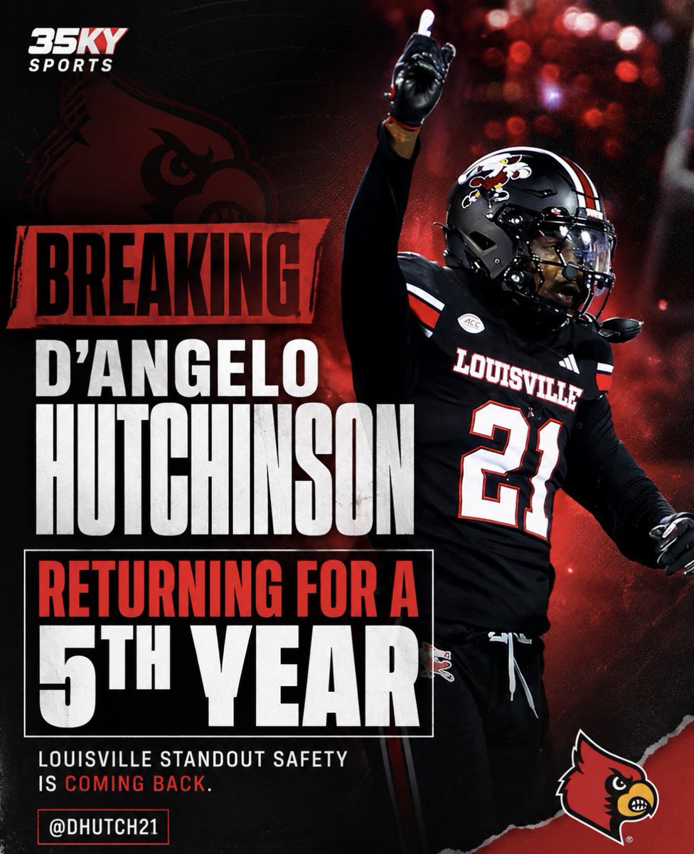 35KYSportsMedia's tweet photo. 🚨 BREAKING: Louisville standout safety D’Angelo Hutchinson is returning to the Cardinals for a fifth year.

Hutchinson gives Louisville another experienced piece back in the secondary as the Cards continue building toward the 2026 season.

Another big return for Jeff Brohm and Louisville.