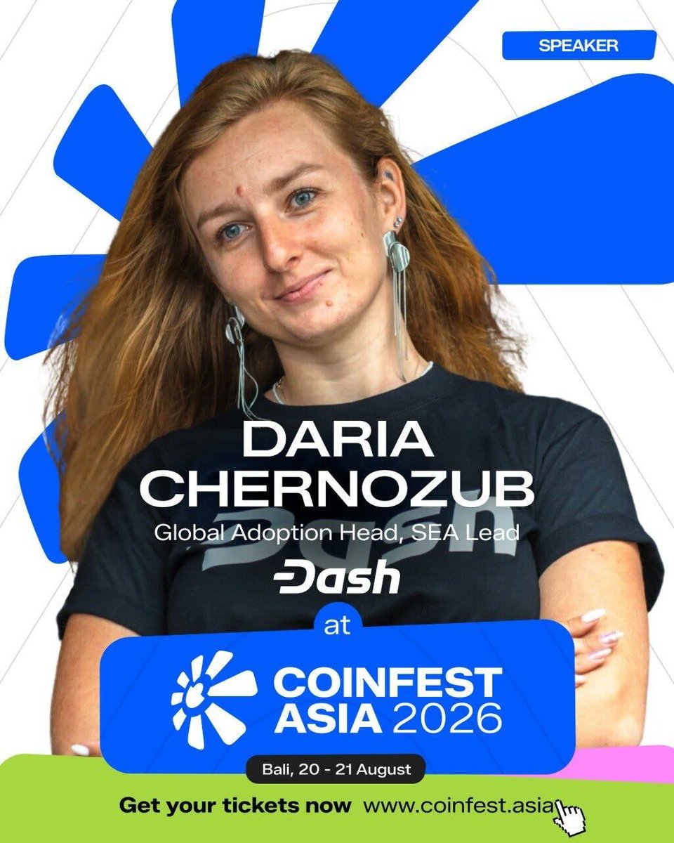 Dashpay's tweet photo. Dash and Dasha are heading to @CoinfestAsia , Bali ๐๏ธ
Whatโs happening:
1. Our active contributor @DariaChernozub is speaking on the panel โMost On-Chain Activity in 2027 Wonโt Be Human. Are We Ready?โ August 20, Outdoor Stage
2. Our water station, powered by Dash DAO, right on the festival grounds ๐ง
Letโs connect. Letโs build the future together.