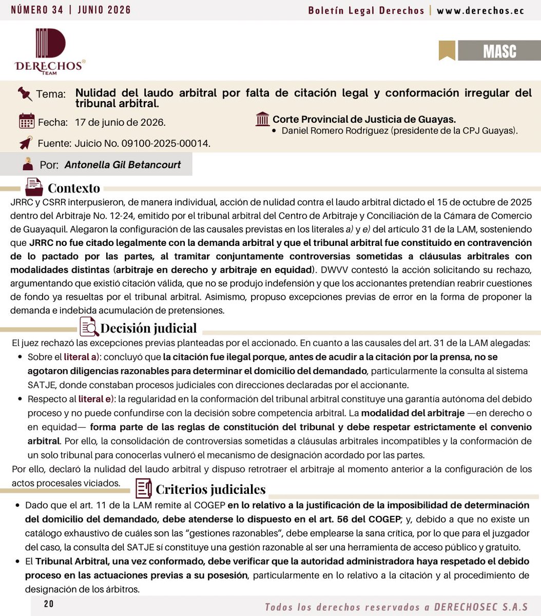 antonellasgb's tweet photo. #Arbitraje

🧐 ¿En la acción de nulidad de laudo arbitral puede discutirse sobre la conformación irregular de un tribunal arbitral?
🤔 ¿Qué implica agotar las diligencias razonables para determinar el domicilio del demandado en un arbitraje?

✅ Aquí lo resuelto en una acción en la que se declaró la #NulidadDelLaudoArbitral.

⬇️Para acceder a novedades así

🗞️Suscripción gratuita al #BoletínLegalDerechos de @derechos_ec: https://t.co/VvaWBwKZe0
