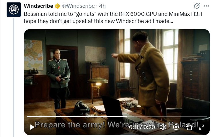 podczyc's tweet photo. Totalna hańba i skandaliczny brak wyczucia reprezentuje sobą Windscribe z nową reklamą. W najnowszej reklamie użyli motywu Hitlera i inwazji na Polskę aby zareklamować swój VPN.

absolutne dno https://t.co/HRhd7QUhAR