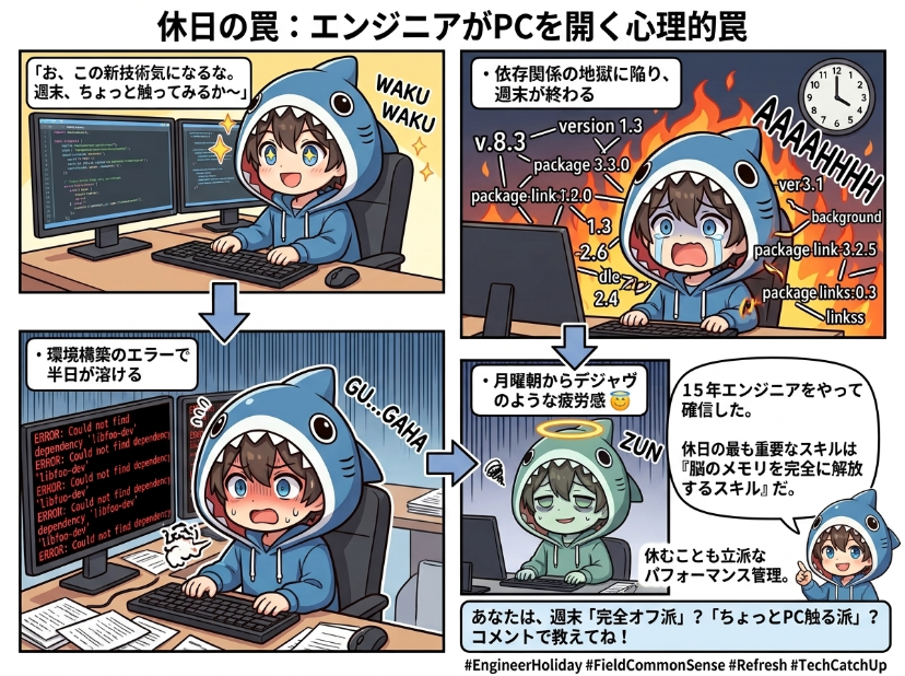 IT_SHARK_BLOG's tweet photo. 休日にPCを開くエンジニアの心理的トラップ。

「ちょっと気になってた新技術、土日で軽く触ってみるか〜」

↓

・環境構築のエラーで半日溶ける ・依存関係の沼にハマって休日終了 ・月曜の朝からデジャブのような疲労感😇
現場15年やって確信したのは、休日に一番大事な技術は「完全に脳のメモリを解放するスキル」です。 休むのも立派なパフォーマンス管理。
皆さんは土日、「完全オフ派」ですか？それとも「ちょっとPC触っちゃう派」ですか？

#エンジニアの休日 #現場あるある #リフレッシュ #技術キャッチアップ