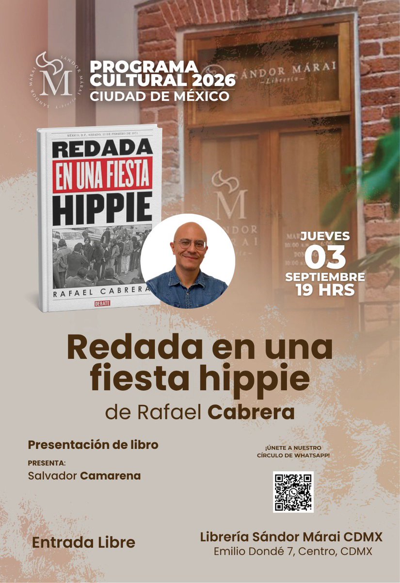 vannessarr's tweet photo. El próximo 3 de septiembre estará @raflescabrera en @SandorMaraiCDMX presentando Redada en una fiesta hippie, su libro más reciente, en el que investiga la historia detrás de la fiesta que terminó en un escándalo. 

Lo acompañará @SalCamarena

¡Hippie quien falte! https://t.co/6mBNgNCmRq