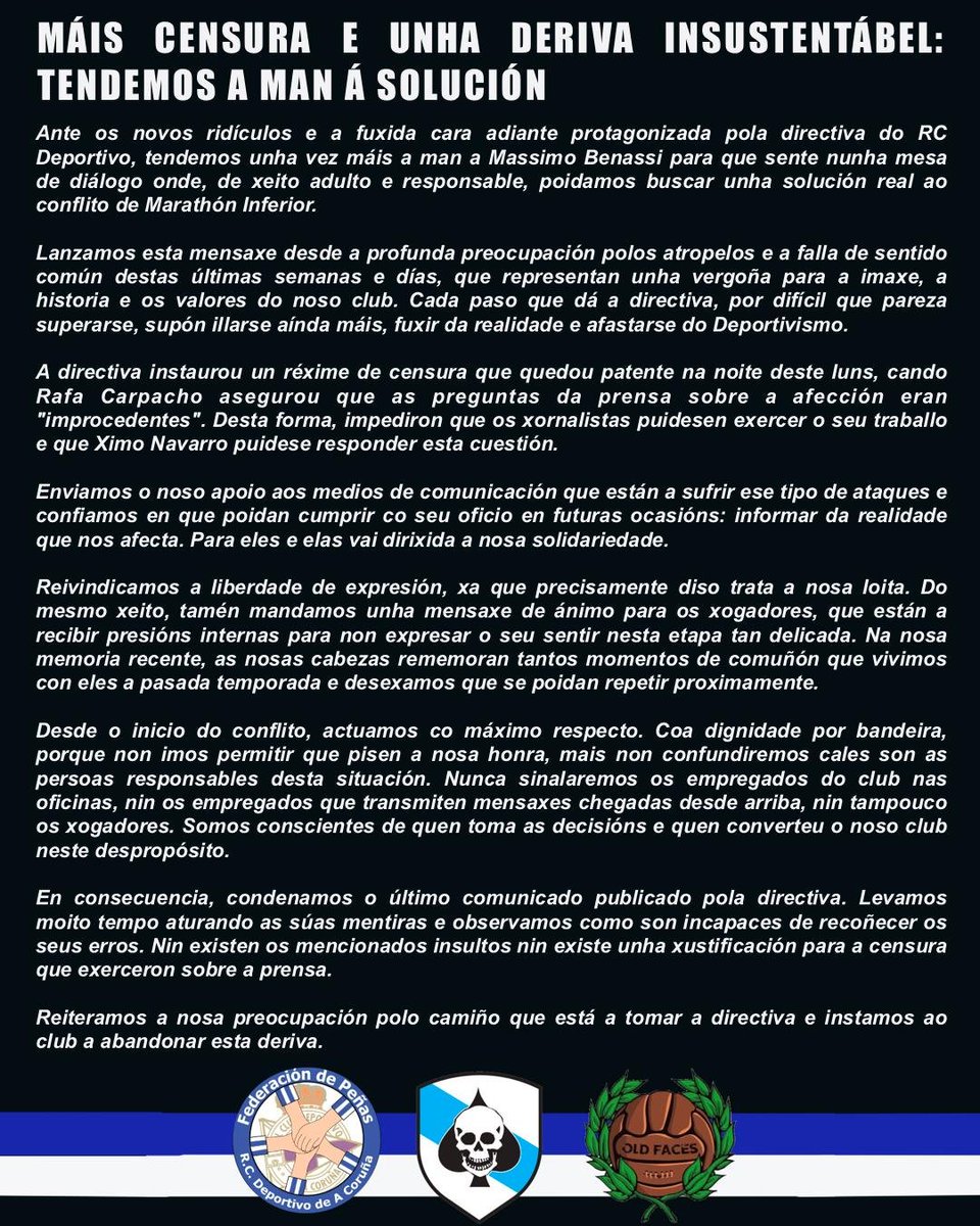fpdeportivistas's tweet photo. O deportivismo está farto de sentirse sinalado. Cada comunicación que chega desde o club, supón unha nova criminalización da nosa afección. 

Somos deportivistas, non delincuentes. https://t.co/Ta1sCYvAXg