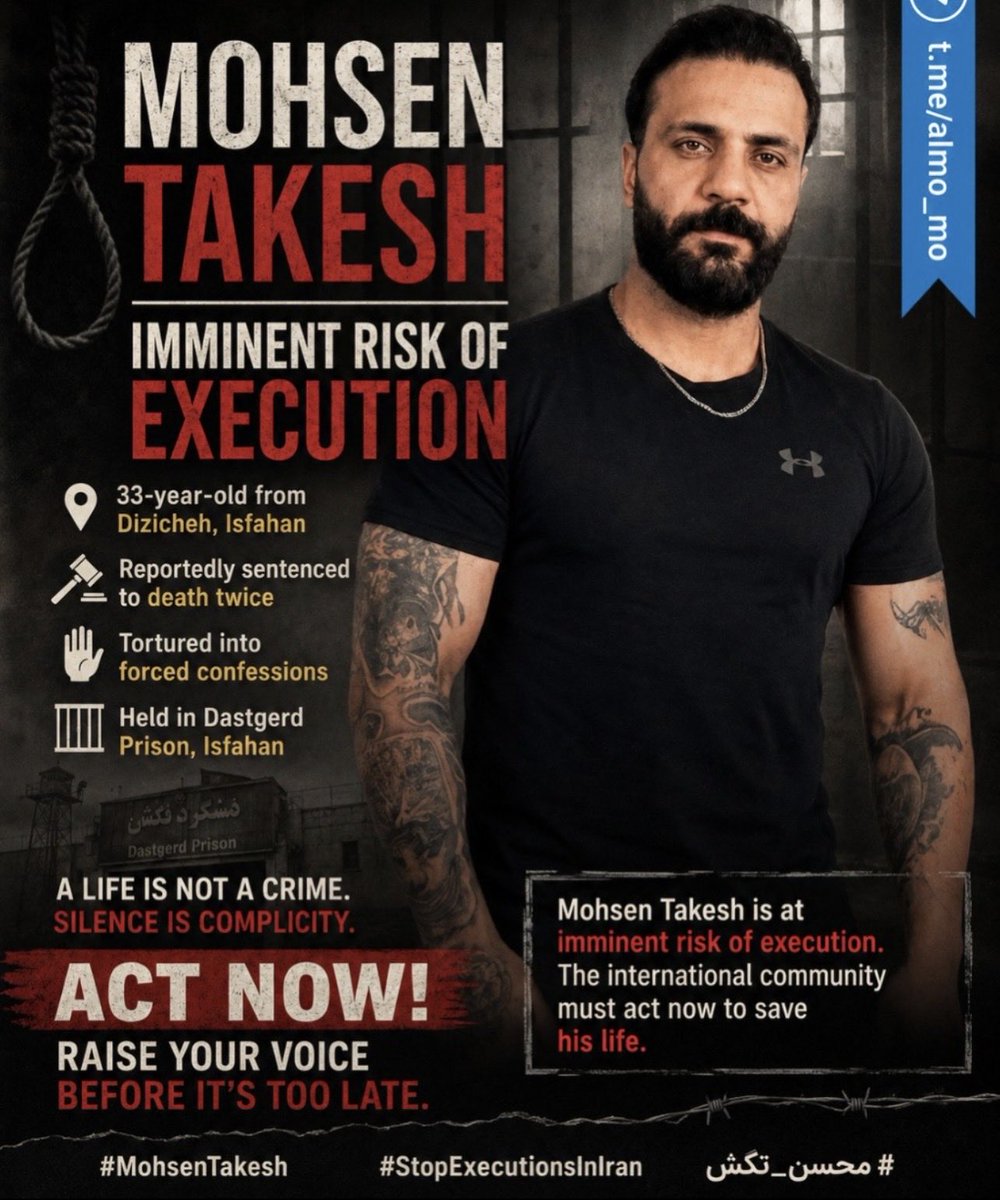 James81540275's tweet photo. Be his voice before it’s too late !! 

Be Mohsen Takesh’s voice. He is in imminent risk of execution by brutal Islamic regime in Iran. 

Please Do not look away. Please share his name. 

The Islamic Regime must fall to stop executions in Iran !!

@SecRubio 
@marklevinshow 
@LauraLoomer 
@FoxNews 
@UN 

#MohsenTakesh 
#EndTheIslamicRepublic