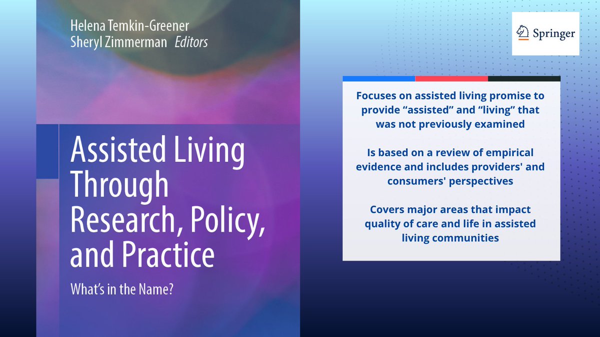 SpringerPBH's tweet photo. NEW! Assisted Living Through Research, Policy &amp; Practice examines how well these communities are fulfilling their dual mission of assistance &amp; QoL, &amp; also explores current/emerging practices/policies that could enhance their ability to achieve this promise https://t.co/vOOtFzXrUA https://t.co/nMontfGtsv