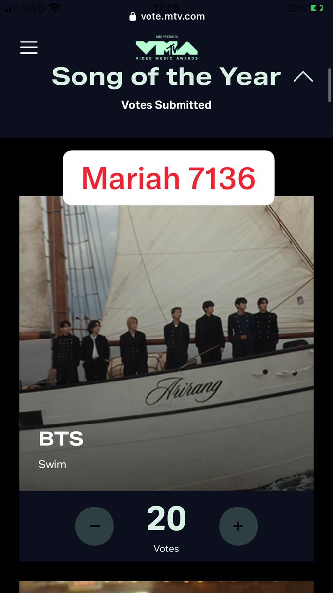 Mariah7136's tweet photo. Song of the Year 👑💜
Best K-Pop 👑💜

VOTE FOR SWIM ON VMAS
VOTE FOR BTS ON VMAS
#VoteForBTSonVMAs
#VoteForSWIMonVMAs

Conta 01 e 02 https://t.co/JKs66COaLz