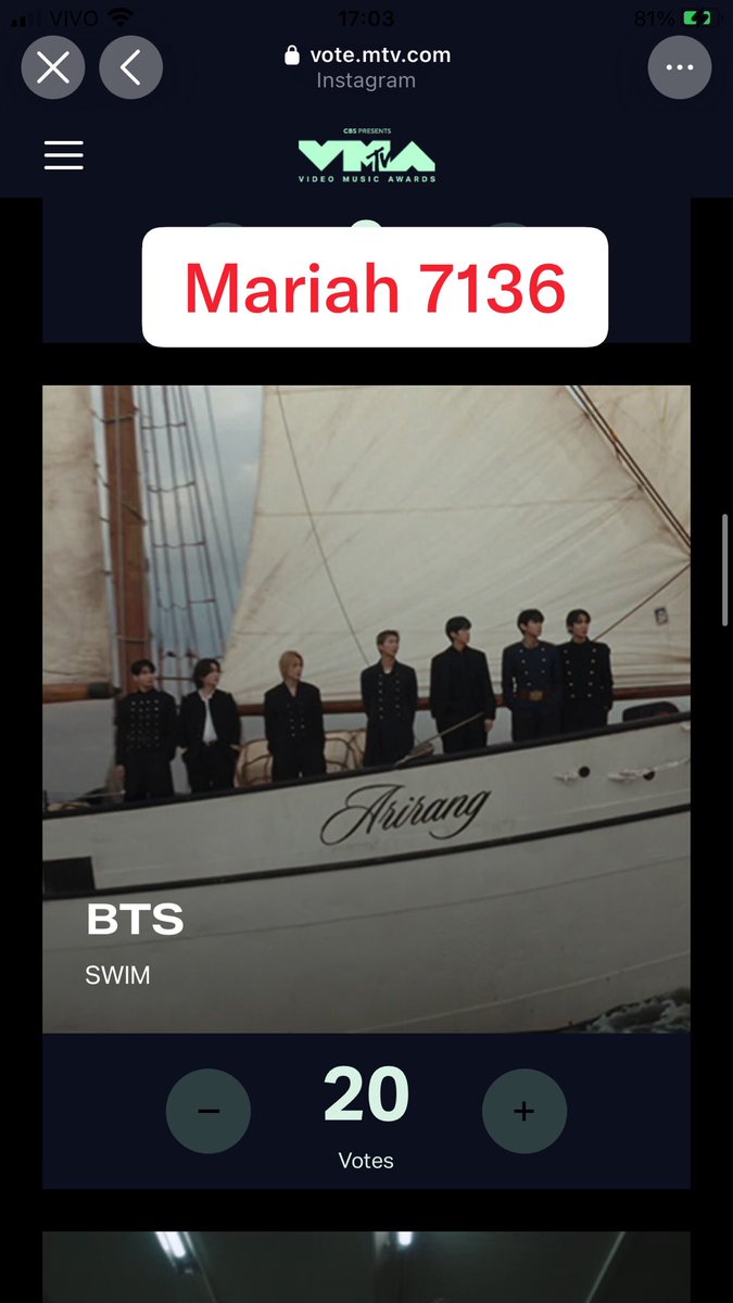 Mariah7136's tweet photo. Song of the Year 👑💜
Best K-Pop 👑💜

VOTE FOR SWIM ON VMAS
VOTE FOR BTS ON VMAS
#VoteForBTSonVMAs
#VoteForSWIMonVMAs

Conta 01 e 02 https://t.co/JKs66COaLz