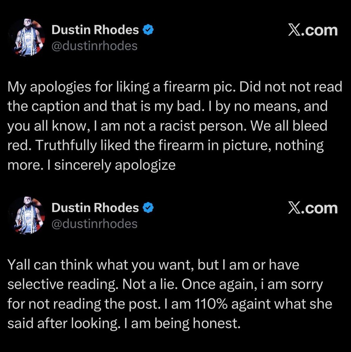 WrestlePurists's tweet photo. Dustin Rhodes apologizes for showing support to an Islamophobic post, says he will be quitting X https://t.co/bQ63IVUt52