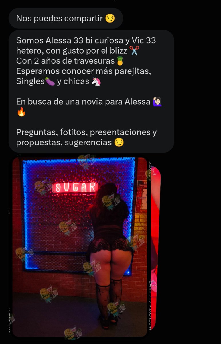 PinapolisSWp's tweet photo. Nuestro primer mensaje de una parejita 📨

Somos Alessa 33 bi curiosa y Vic 33 hetero, con gusto por el blizz ✂️
Con 2 años de travesuras🍍
Esperamos conocer más parejitas, Singles🍆 y chicas 🦄 
En busca de una novia para Alessa 🙋🏻‍♀️🔥

@alessayvic https://t.co/reQ43gQxxA