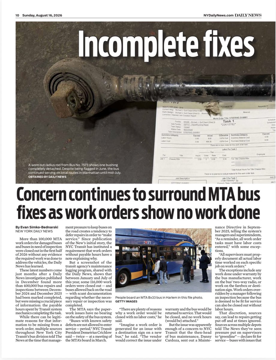 TWULocal100's tweet photo. The MTA has been lying about bus safety and falsified bus maintenance records for years.

From the Daily News:

“The MTA spokesman did tell WABC in June that the union’s complaints were “bogus” and “just in time for labor negotiations.” 

While it is true that TWU Local 100 is currently in contract talks, the data obtained by the Daily News shows that the depot with the greatest number of questionable work orders in the first six months of this year is the Yukon Depot on Staten Island — where workers are represented by a local of the Amalgamated Transit Union, not the TWU.”

#WeMoveNY #UnionSolidarity #UnionStrong @transportworker