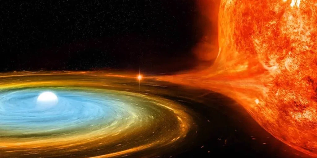 Illustration of a white dwarf accreting material from its neighboring star.