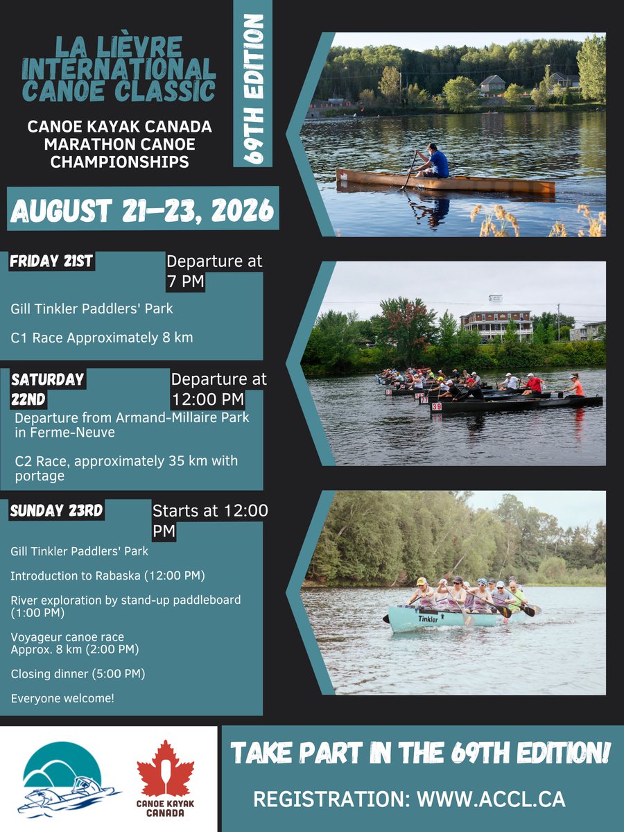 CanoeKayakCAN's tweet photo. The 69th La Classique internationale de la Lièvre and 2026 Canoe Kayak Canada Marathon National Championships are happening August 21–23 in Mont-Laurier, Québec!

For more information, please check out the link below 👇
https://t.co/eVFsx1syQO https://t.co/sIyKVg3TRQ