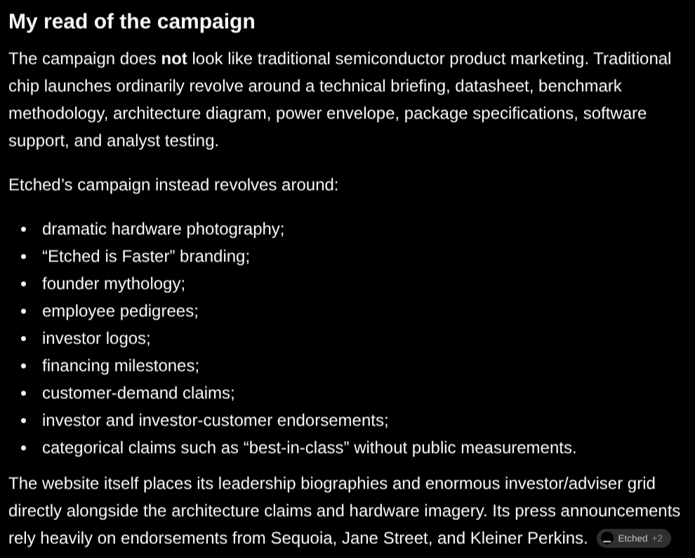 __tinygrad__'s tweet photo. Public service announcement about @Etched. It's possible they have a great chip and just very distasteful marketing. It's also possible they have no chip or a terrible chip and want you to fall for the smoke and mirrors. This type of marketing is bad for technology. https://t.co/yffbRa3j01