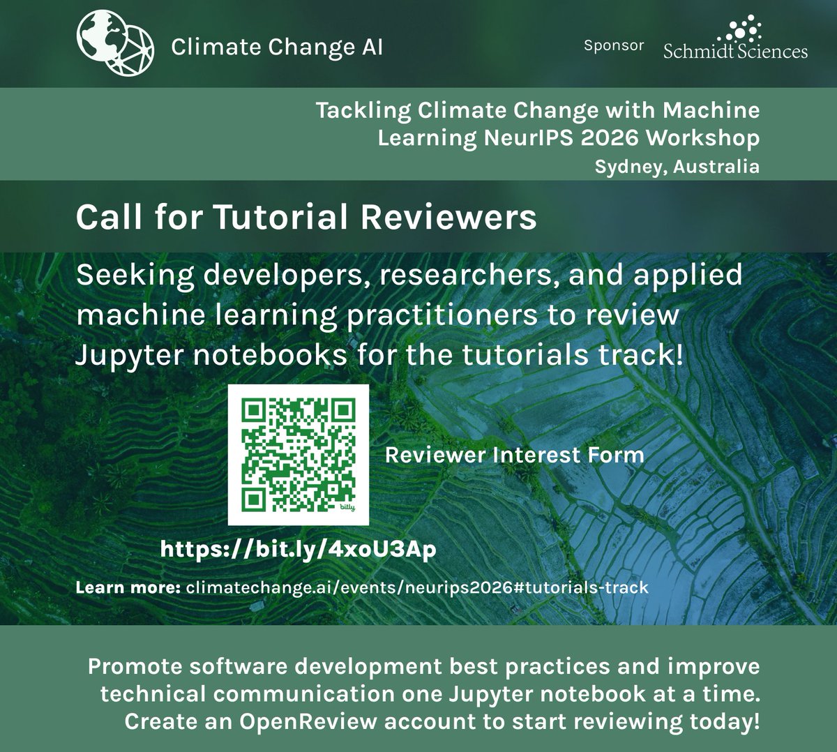 ClimateChangeAI's tweet photo. Do you want to help out with our #NeurIPS2026 workshop? Become a tutorial reviewer! 🎉

Register your interest by filling out the form below &amp; learn more here: https://t.co/6jRlhaUMJz https://t.co/jixCxTVVTK