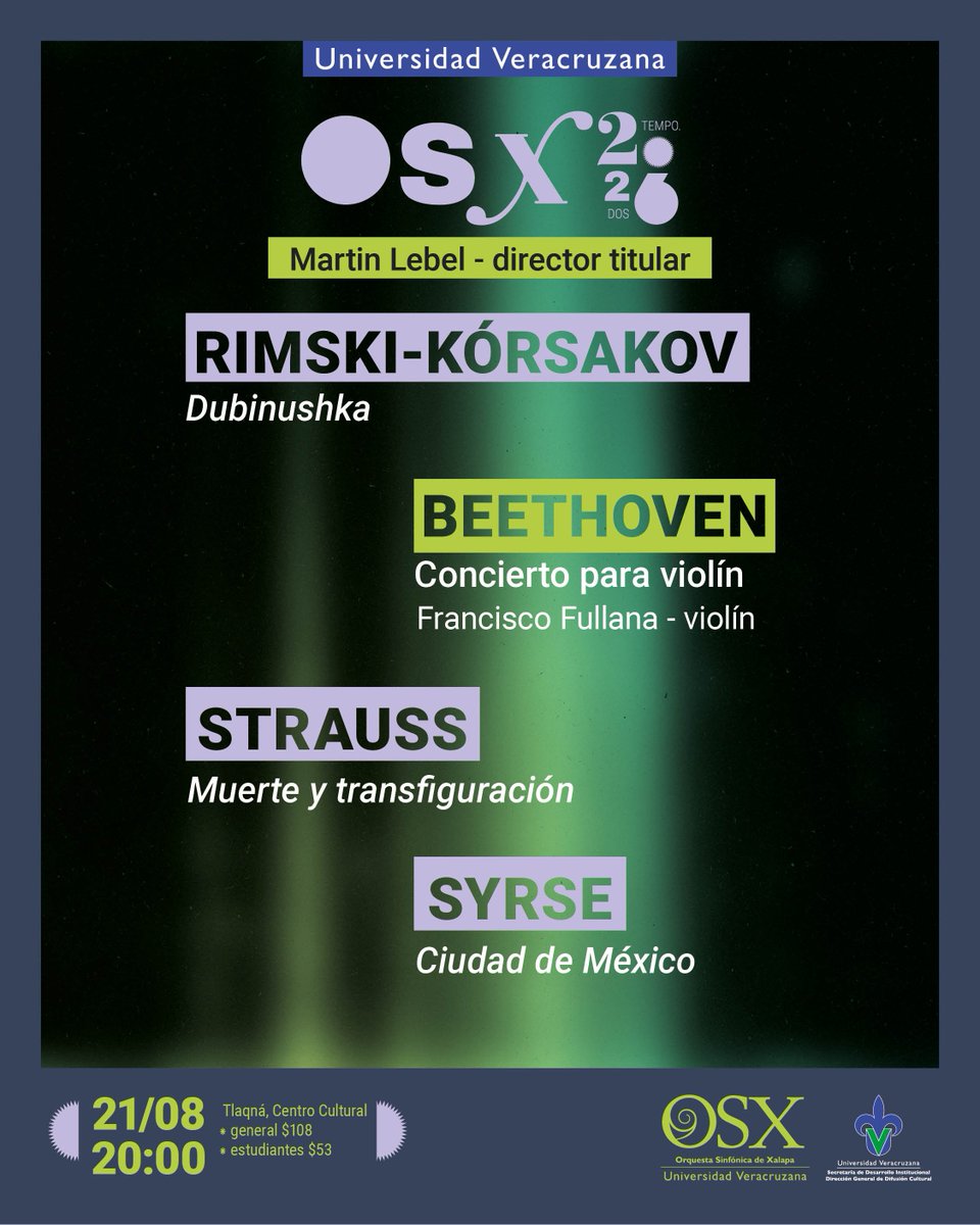 OSXUV's tweet photo. ¡Tus viernes de orquesta están de vuelta!✨️🫶🏼
🥂97° Aniversario #OSX
   
📆Viernes 21 de agosto l 20:00 h l Tlaqná Centro Cultural - 💰Precio: $108 Gral - $53 Estudiantes (comisiones incluidas)
🎟️Boletos en: https://t.co/F8R2oOwsX9 https://t.co/20NvKDmI5A