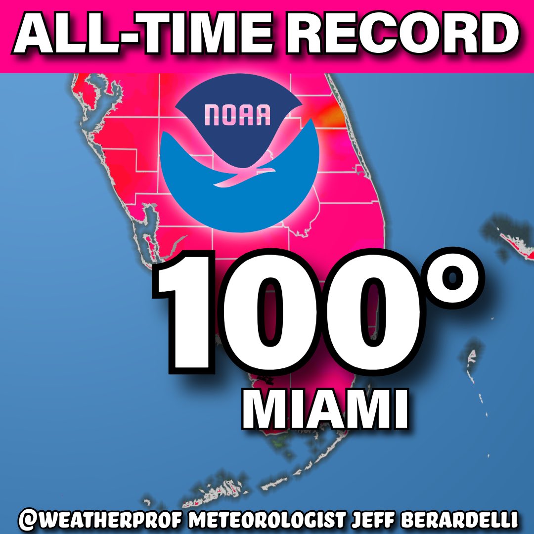 WeatherProf's tweet photo. ‼️ All-time record tied in Miami! NOAA NWS confirmed. 
Miami has only hit 100° one other time, in 1942. I know, it’s hard to believe, but it’s not too far from the water, thus it’s humid, and it’s very hard to get to 100°, esp in August. But today dry air mixed downward from the heat dome aloft to allow this to happen. #Miami #Florida